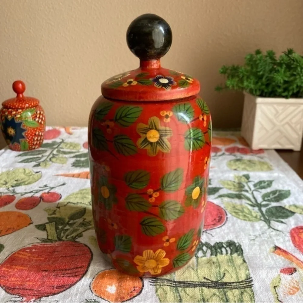 Retro Pier 1 Exports red painted decorative wooden jars with lids